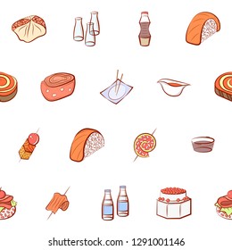 Japanese food and Snacks set. Background for printing, design, web. Usable as icons. Seamless. Colored.