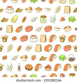 Japanese food and Snacks set. Background for printing, design, web. Usable as icons. Seamless. Colored.