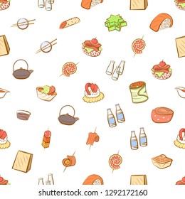 Japanese food and Snacks set. Background for printing, design, web. Usable as icons. Seamless. Colored.