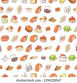 Japanese food and Snacks set. Background for printing, design, web. Usable as icons. Seamless. Colored.