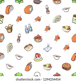 Japanese food and Snacks set. Background for printing, design, web. Usable as icons. Seamless. Colored.