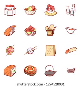 Japanese food and Snacks set. Background for printing, design, web. Usable as icons. Colored.