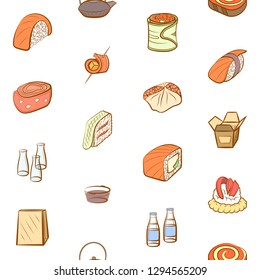 Japanese food and Snacks set. Background for printing, design, web. Usable as icons. Seamless. Colored.