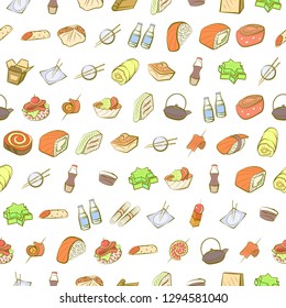 Japanese food and Snacks set. Background for printing, design, web. Usable as icons. Seamless. Colored.