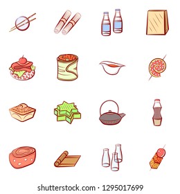 Japanese food and Snacks set. Background for printing, design, web. Usable as icons. Colored.