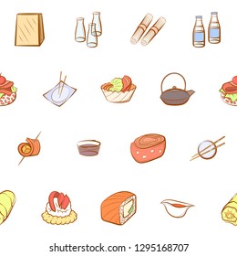 Japanese food and Snacks set. Background for printing, design, web. Usable as icons. Seamless. Colored.