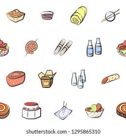 Japanese food and Snacks set. Background for printing, design, web. Usable as icons. Seamless. Colored.