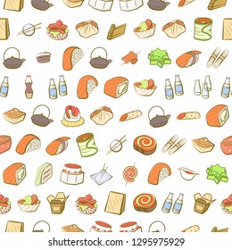 Japanese food and Snacks set. Background for printing, design, web. Usable as icons. Seamless. Colored.