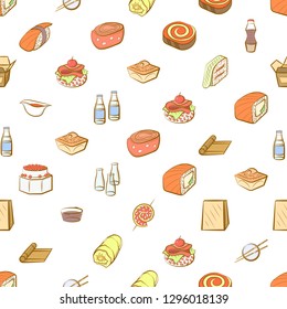 Japanese food and Snacks set. Background for printing, design, web. Usable as icons. Seamless. Colored.