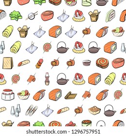 Japanese food and Snacks set. Background for printing, design, web. Usable as icons. Seamless. Colored.