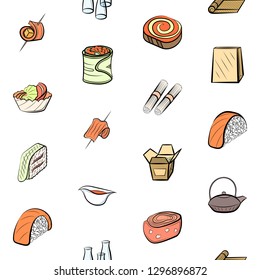 Japanese food and Snacks set. Background for printing, design, web. Usable as icons. Seamless. Colored.