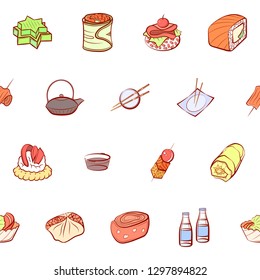 Japanese food and Snacks set. Background for printing, design, web. Usable as icons. Seamless. Colored.