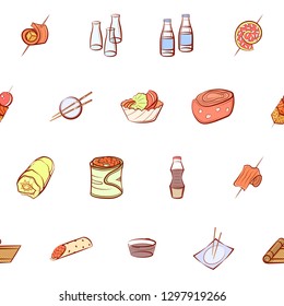 Japanese food and Snacks set. Background for printing, design, web. Usable as icons. Seamless. Colored.