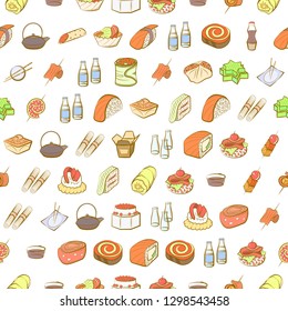 Japanese food and Snacks set. Background for printing, design, web. Usable as icons. Seamless. Colored.