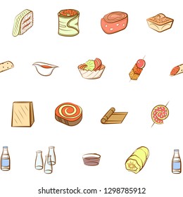 Japanese food and Snacks set. Background for printing, design, web. Usable as icons. Seamless. Colored.