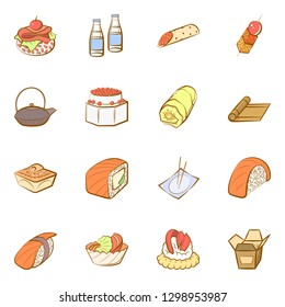 Japanese food and Snacks set. Background for printing, design, web. Usable as icons. Colored.