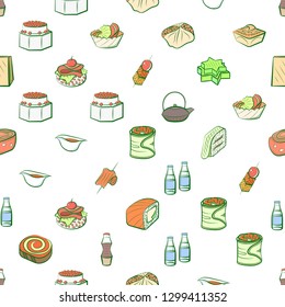 Japanese food and Snacks set. Background for printing, design, web. Usable as icons. Seamless. Colored.