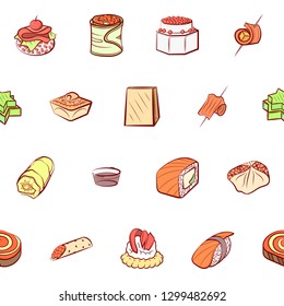 Japanese food and Snacks set. Background for printing, design, web. Usable as icons. Seamless. Colored.