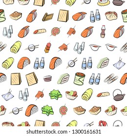 Japanese food and Snacks set. Background for printing, design, web. Usable as icons. Seamless. Colored.