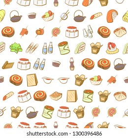 Japanese food and Snacks set. Background for printing, design, web. Usable as icons. Seamless. Colored.
