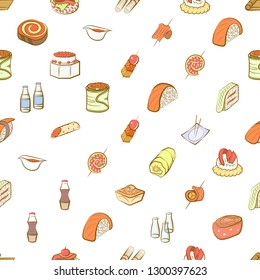 Japanese food and Snacks set. Background for printing, design, web. Usable as icons. Seamless. Colored.