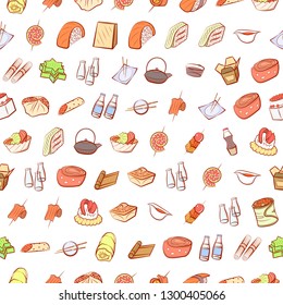Japanese food and Snacks set. Background for printing, design, web. Usable as icons. Seamless. Colored.