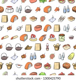 Japanese food and Snacks set. Background for printing, design, web. Usable as icons. Seamless. Colored.
