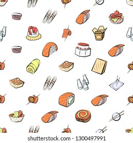 Japanese food and Snacks set. Background for printing, design, web. Usable as icons. Seamless. Colored.