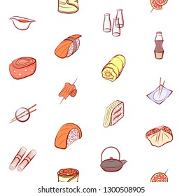 Japanese food and Snacks set. Background for printing, design, web. Usable as icons. Seamless. Colored.