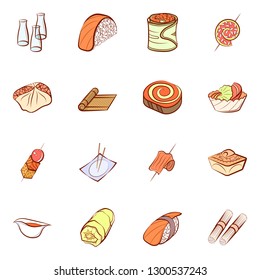Japanese food and Snacks set. Background for printing, design, web. Usable as icons. Colored.