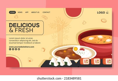 Japanese Food Social Media Landing Page Template Flat Cartoon Background Vector Illustration