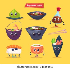 Japanese food. Soy sauce, wasabi, soup and sushi rolls. Vector cartoon illustration. Cute stylish characters.