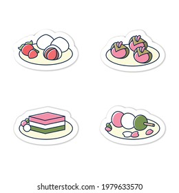 Etiquetas de comida japonesa. La insignia de primavera delicada para los diseños. Ichigo daifuku, sakura mochi, hamachi, sanshoku dango. Emblema vectorial de harina tradicional