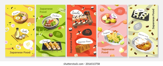 Japanese food, story background set, vector illustration. Japan culture design with sushi, sake, ramen soup and dangs. Asian traditional poster with bread, mati, tempura, onigiri meal.