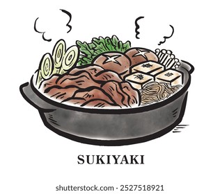 Pintura de la acuarela de Sukiyaki de la comida japonesa