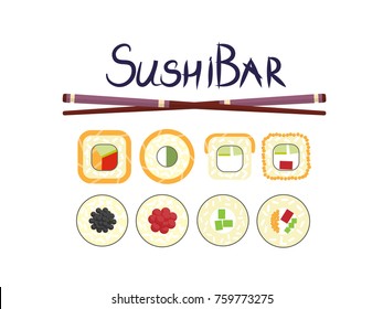 Japanese food and sushi bar inscription on white background