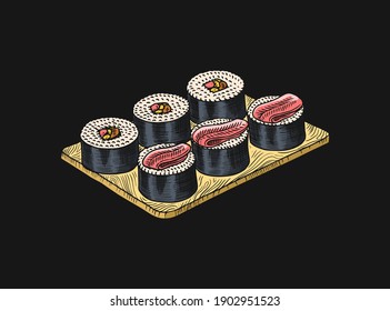 Japanese food. Sushi bar or rolls set. Vector illustration for Asian restaurant. Hand Drawn engraved sketch for menu. Monochrome style. Vector illustrations
