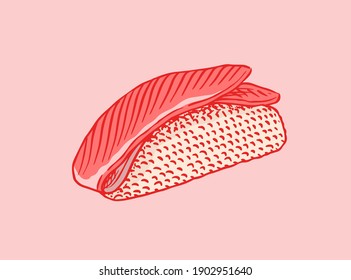 Japanese food. Sushi bar or rolls set. Vector illustration for Asian restaurant. Hand Drawn engraved sketch for menu. Monochrome style. Vector illustrations