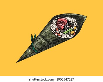 Japanese food. Sushi bar or temaki roll. Vector illustration for Asian restaurant. Hand Drawn engraved sketch for menu. Monochrome style. Vector illustrations