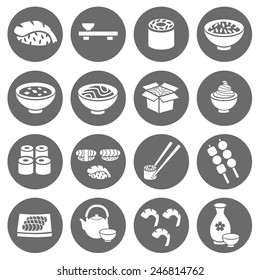Japanese food Sushi Collection. Asia food icon set with sushi rolls sashimi noodle miso. Japanese cuisine. Vector