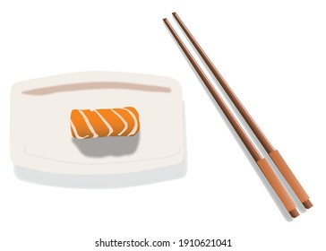 Japanese food, sushi and culinary in a flat top vector. Chopsticks and Asian specialties with white background horisontal