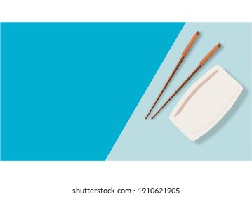 Japanese food, sushi and culinary in a flat top vector. Chopsticks and Asian specialties with white background horisontal
