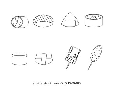 Japanese food sushi doodle line symbol sign icon collection. outline style. isolated illustration
