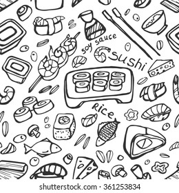 Japanese food - sushi doodle pattern, vector illustration