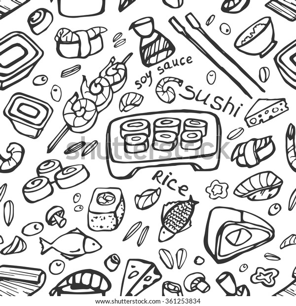 Japanese Food Sushi Doodle Pattern Vector Stock Vector Royalty Free