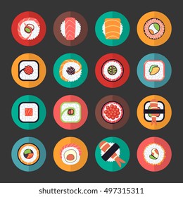 Japanese food sushi icons vector illustration set. Seafood menu design
