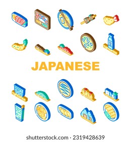 japanese food sushi japan icons set vector. sashimi asian menu, salmon dinner, delicious traditional, temaki roll, restaurant japanese food sushi japan isometric sign illustrations