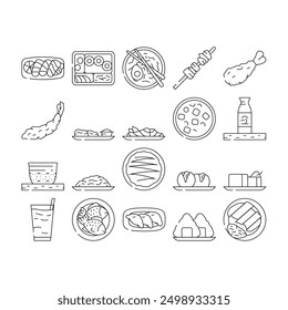 japanese food sushi japan icons set vector. sashimi asian menu, salmon dinner, delicious traditional, temaki roll, restaurant japanese food sushi japan black contour illustrations