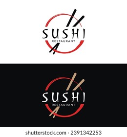 Japanese food sushi logo with crossed chopsticks. Logo for restaurant, business, bar.