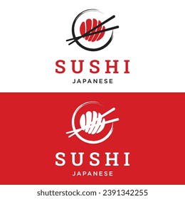 Japanese food sushi logo with crossed chopsticks. Logo for restaurant, business, bar.